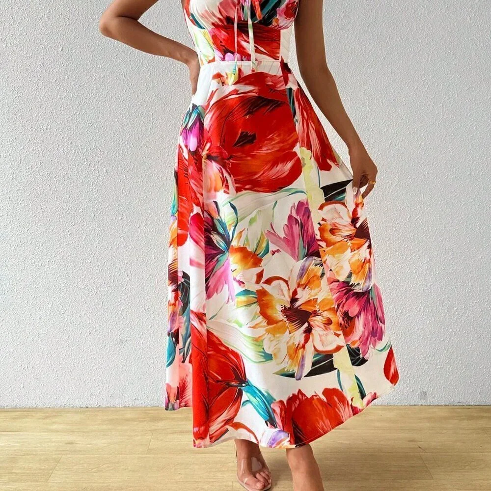 Multicolor Boho Women's Chest Strap Sleeveless Maxi Dress - Picture 4 of 5